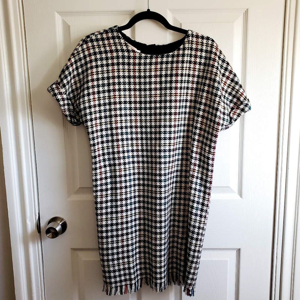 ZARA Wool Colorful Houndstooth Fringe Shift Dress